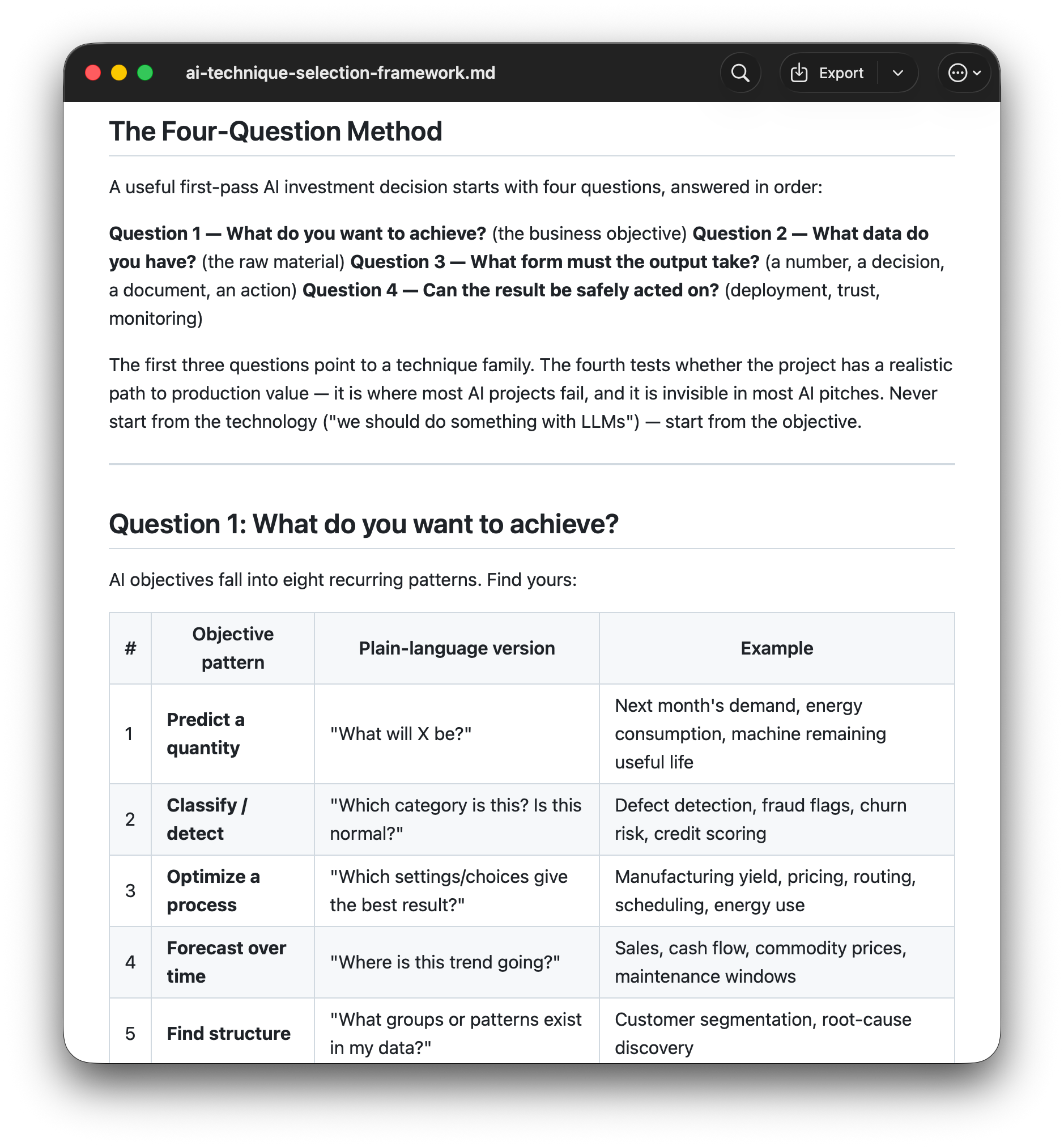 Marklet macOS app window showing a rendered Markdown file with headings, a table, and a code block.