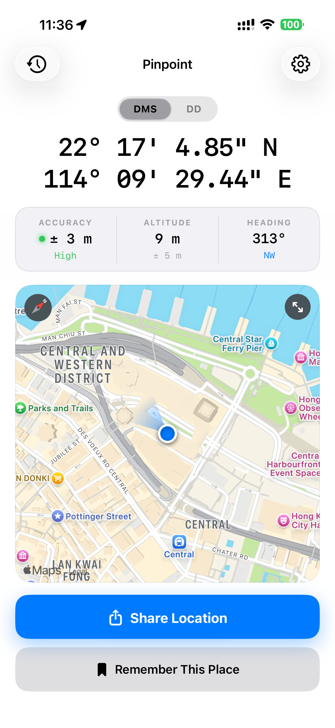 Pinpoint app showing coordinates, accuracy details, map preview, and share controls.